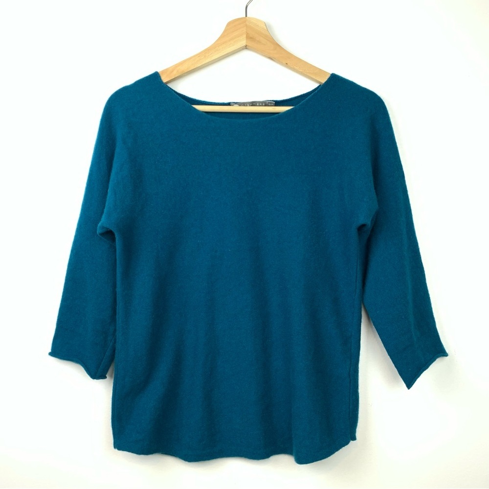 In Cashmere Sweater Pullover Teal Blue Sz Small 3/4 Sleeves Soft Quiet Luxury